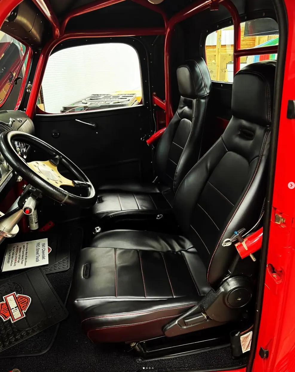 Black leather interior of the 1946 Chevrolet pickup