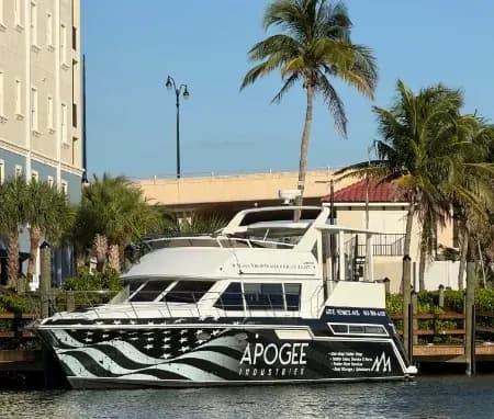Boat with Apogee Upholstery wrap docked on the Intracoastal in Venice, FL