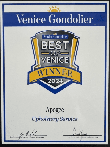 Venice Gondolier Best of Venice 2024 certificate naming Apogee Upholstery the winner for Upholstery Service