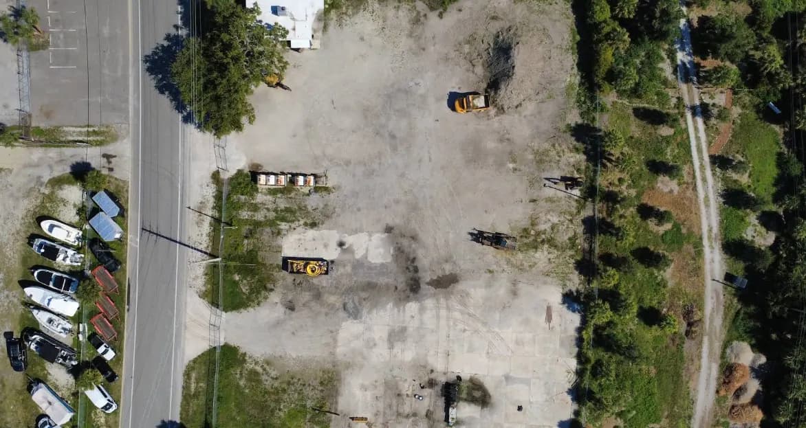Aerial view of the fenced boat and RV storage yard in Venice, FL