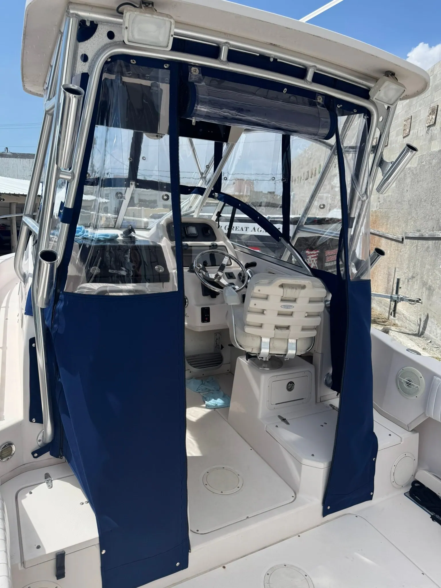 Navy console and seat covers on a center console boat