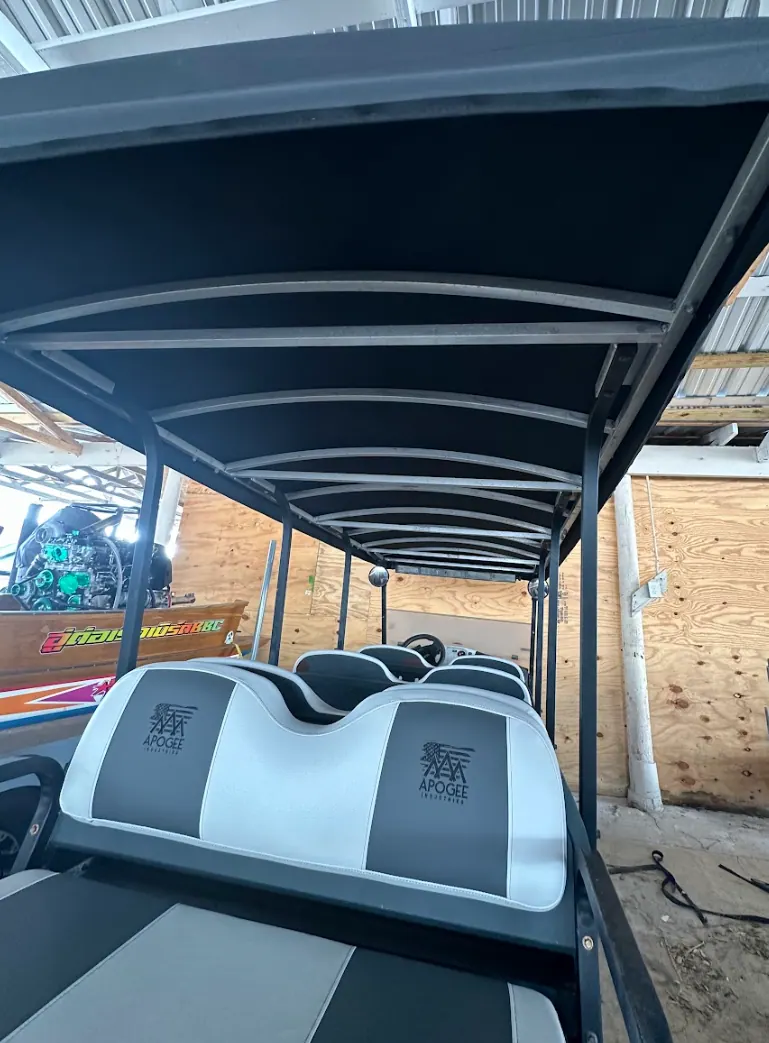 Rear bench seat of an 8-seater golf cart with new upholstery