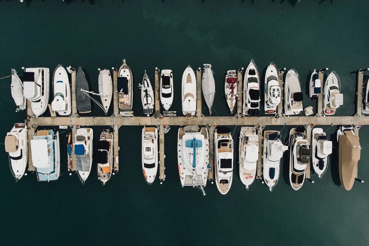 Aerial view of boats docked at a marina