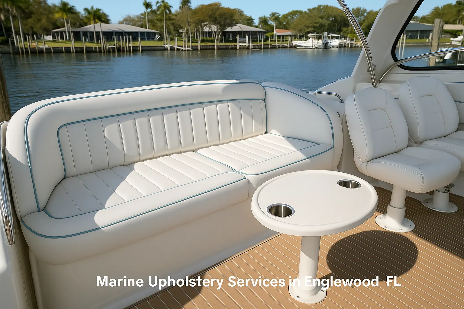 White marine vinyl boat seating with a table, custom marine upholstery built in Venice, FL