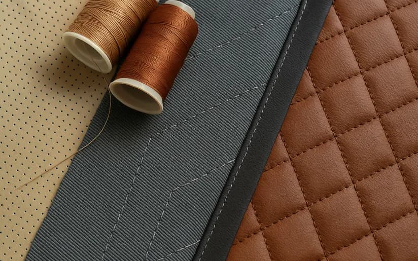 Marine vinyl samples with diamond stitching and UV-resistant thread at our Venice, FL shop