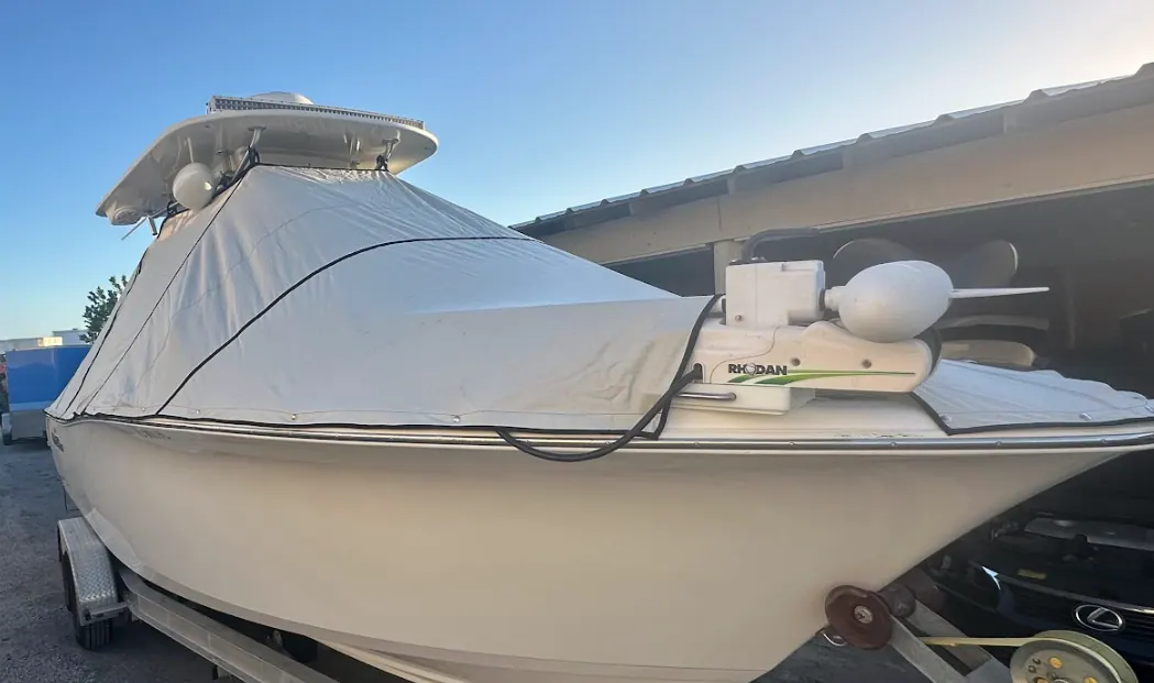 Custom cover on the NauticStar center console, bow view