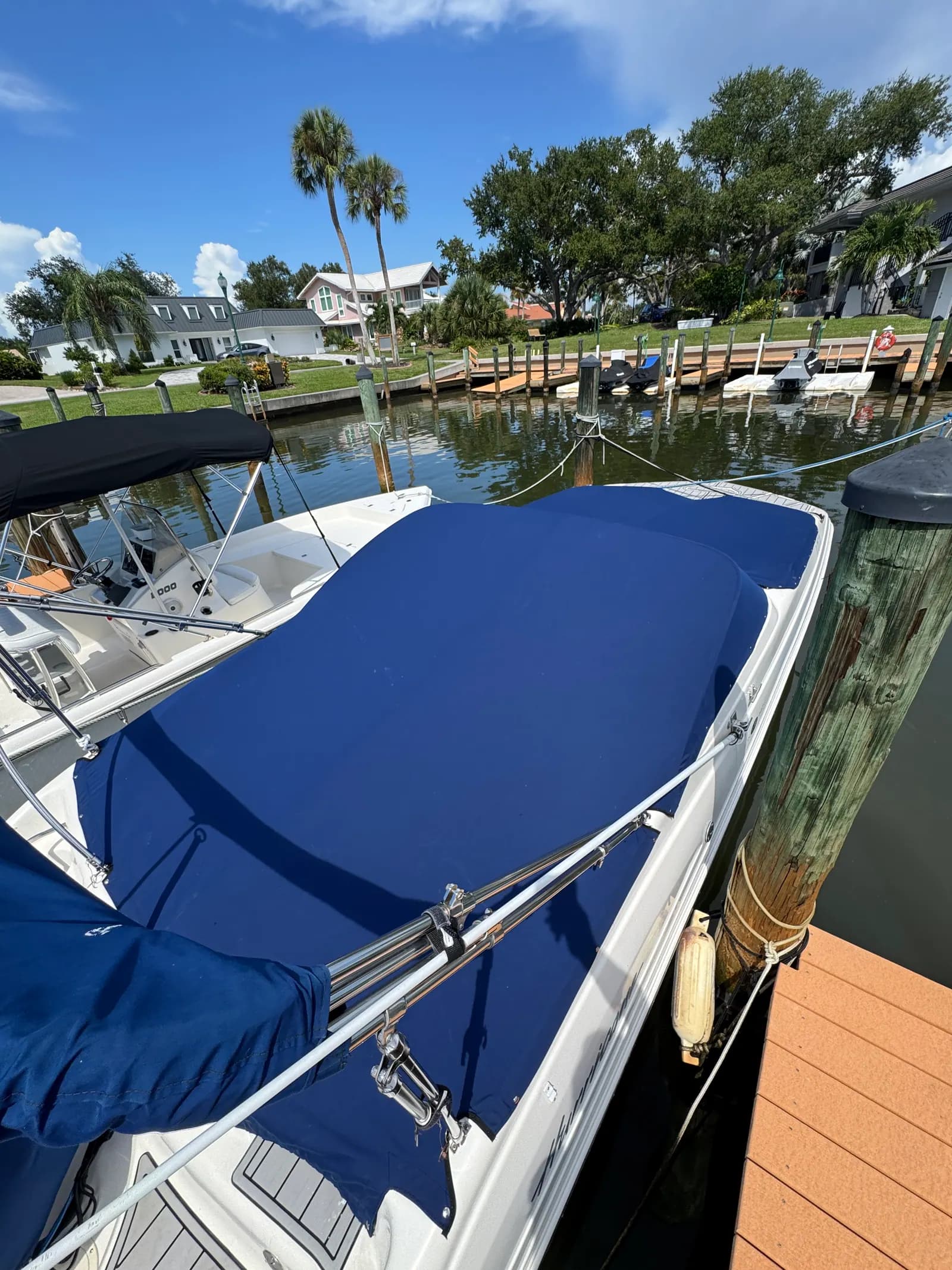 Navy mooring cover fitted over the windshield and bow