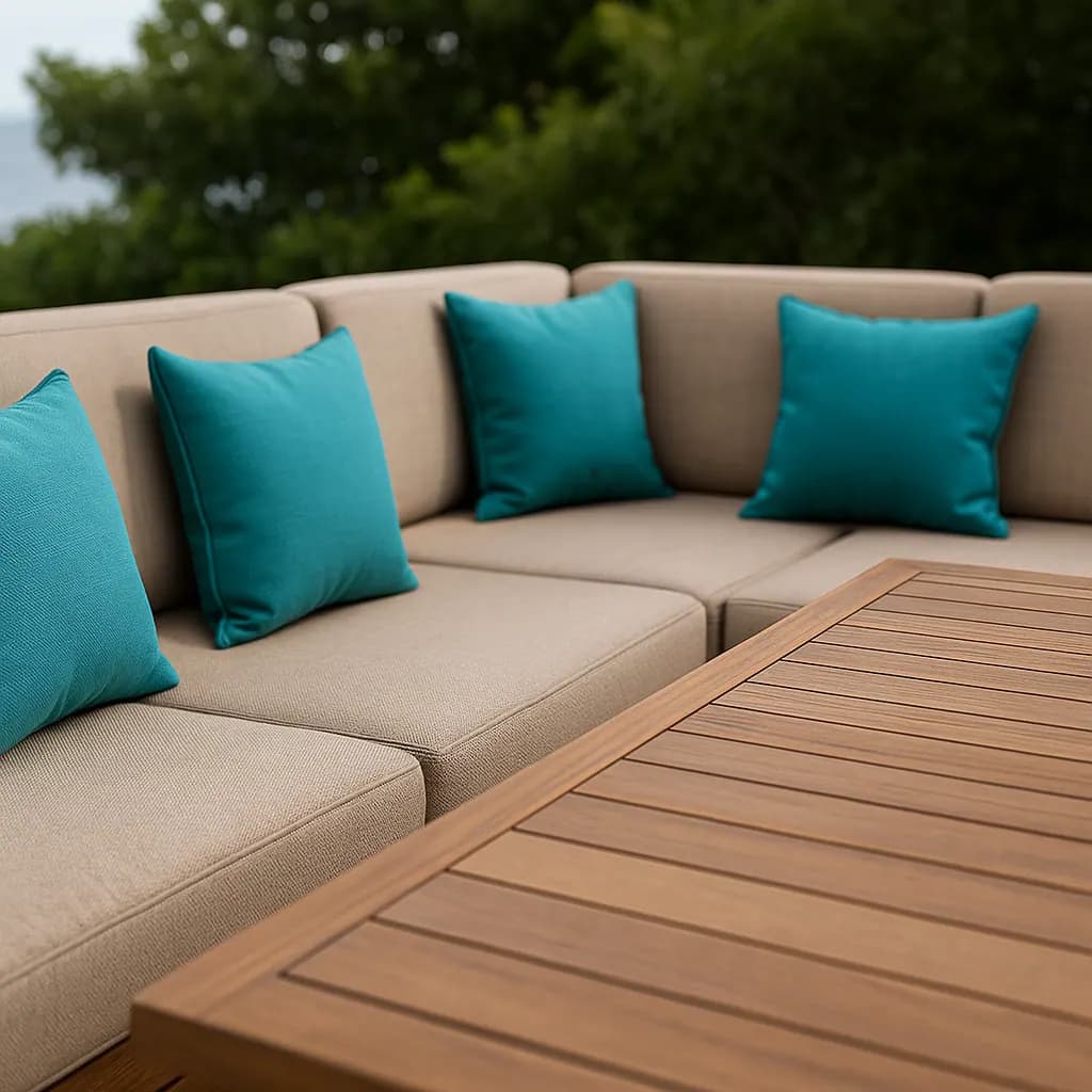 Outdoor sectional with tan cushions and teal pillows on a patio