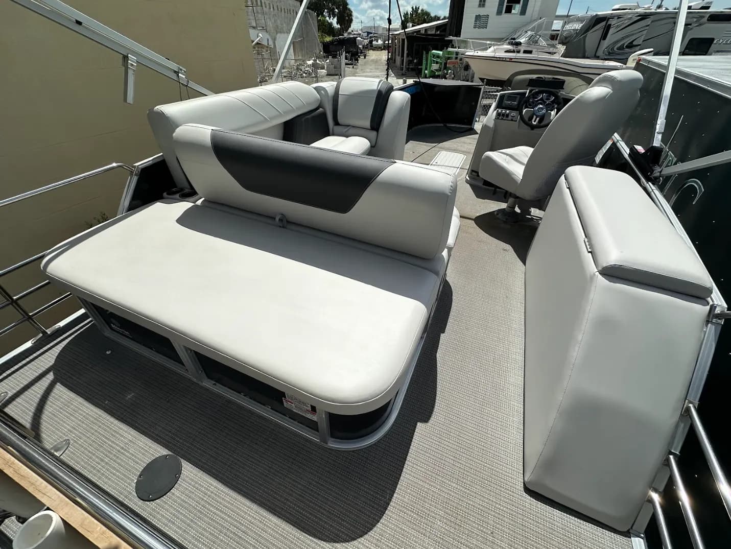 Pontoon lounge seating restored in grey marine vinyl