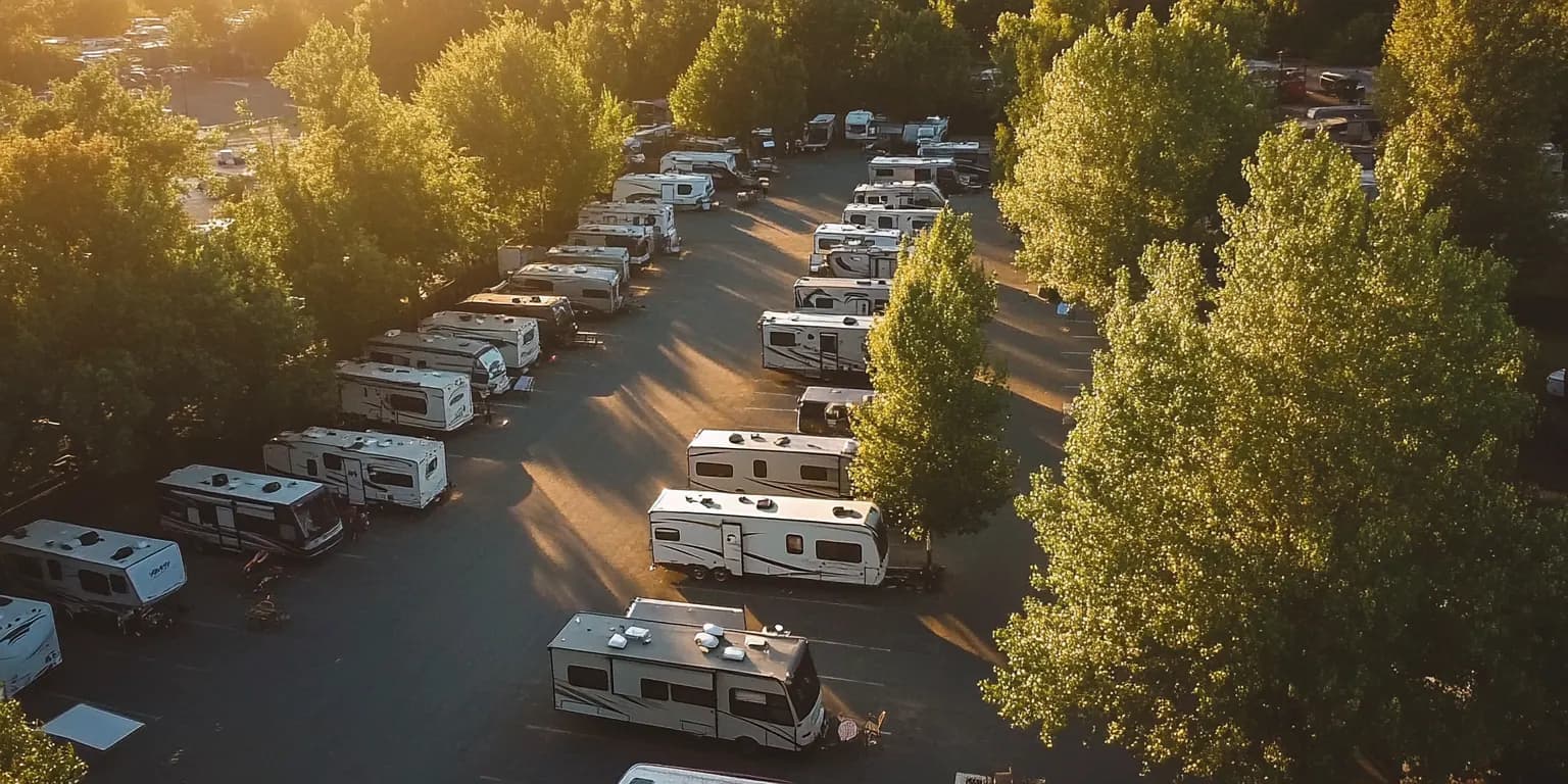 Aerial view of an RV park among trees