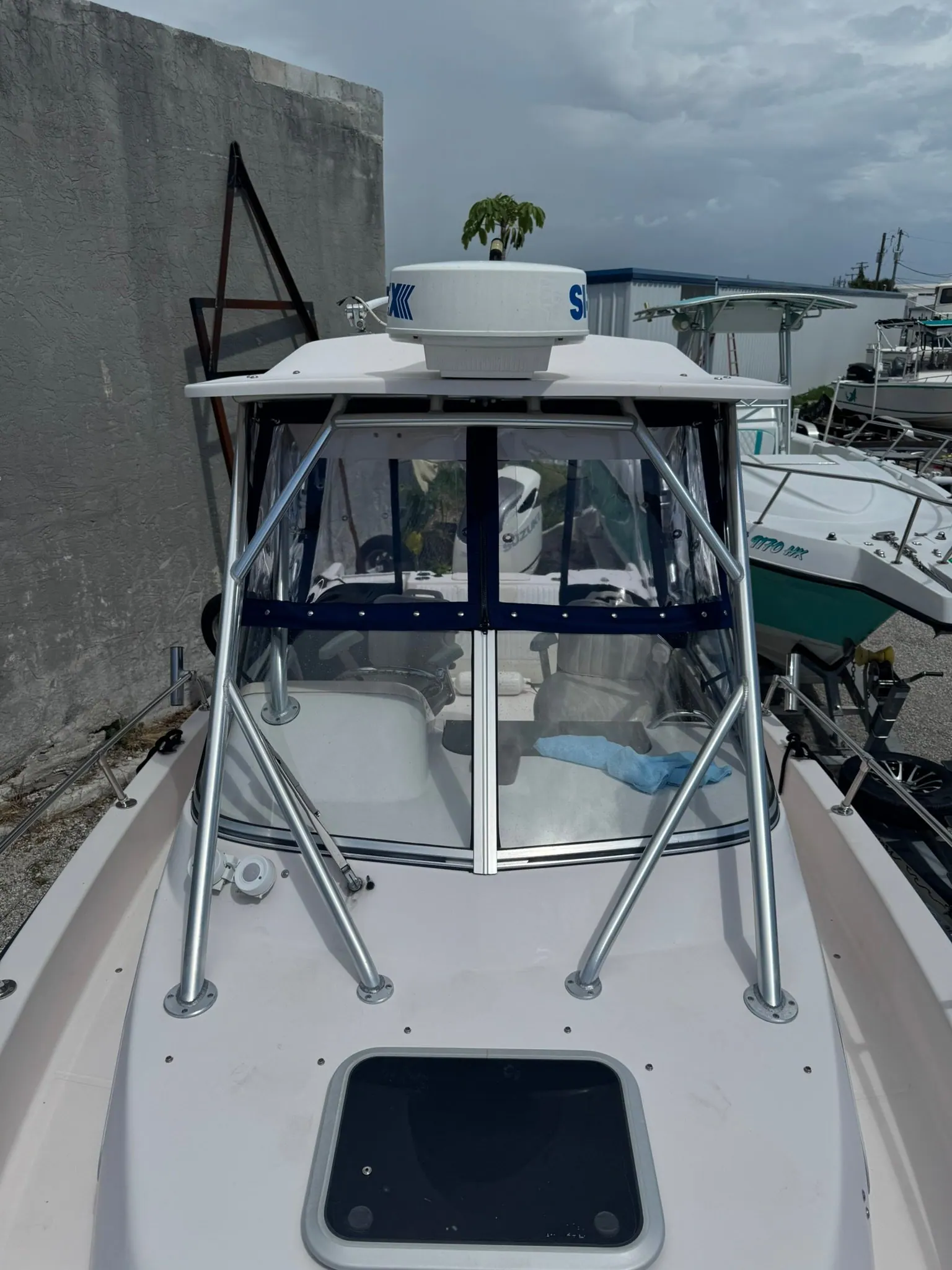 Custom T-top enclosure with clear vinyl windows, front view