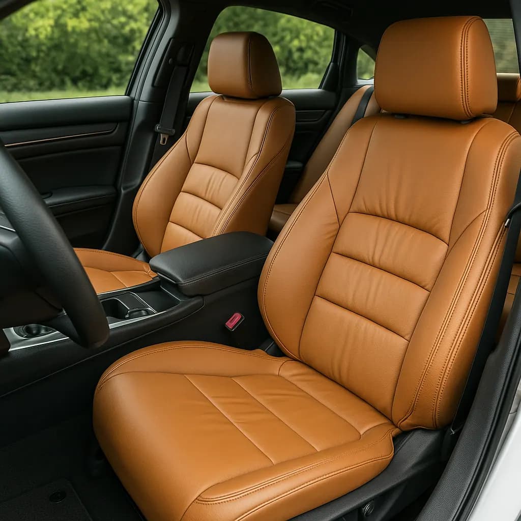 Tan leather car interior with restored seats and trim