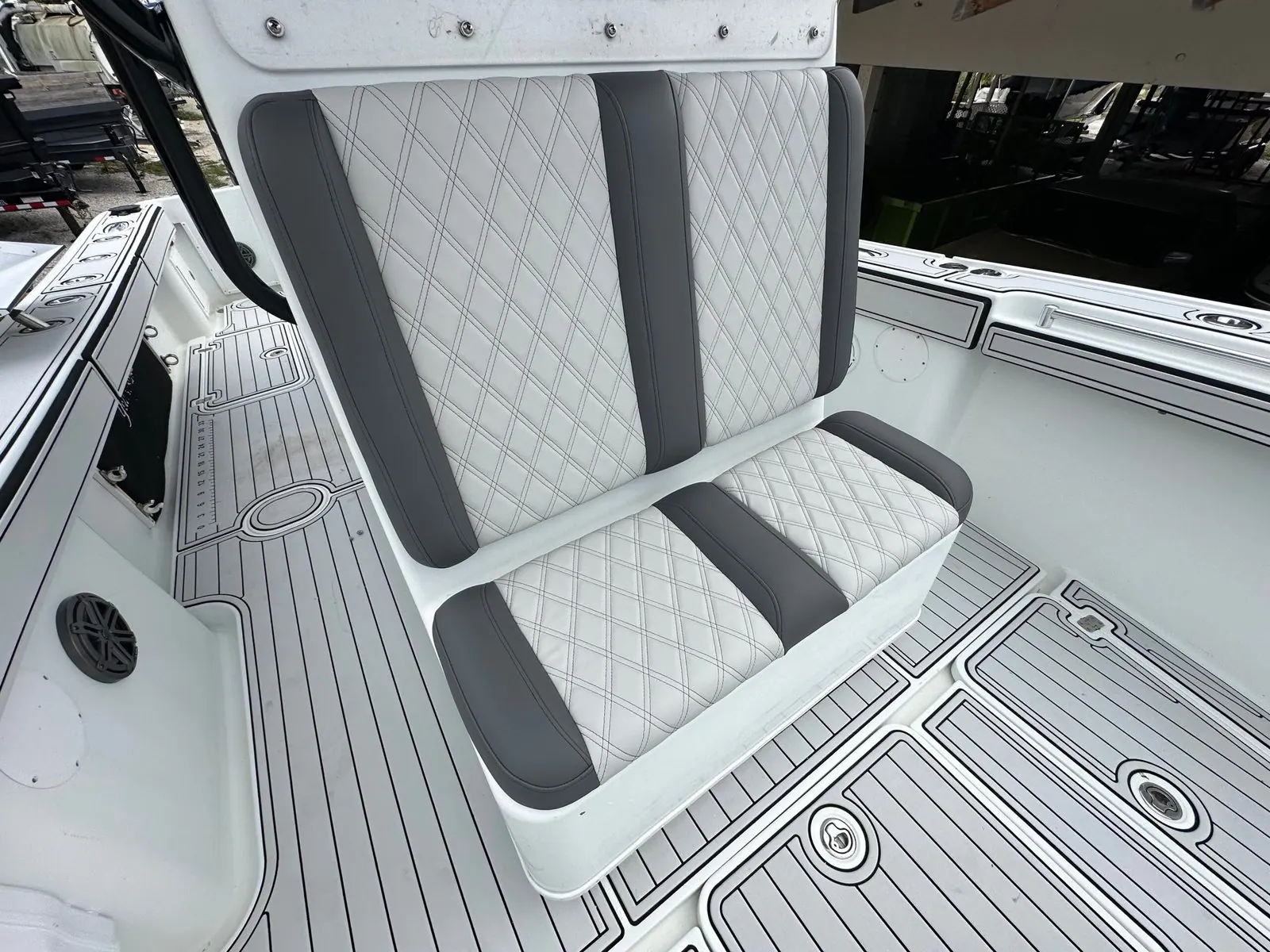 Yellowfin bow seat cushion in grey diamond-stitched marine vinyl