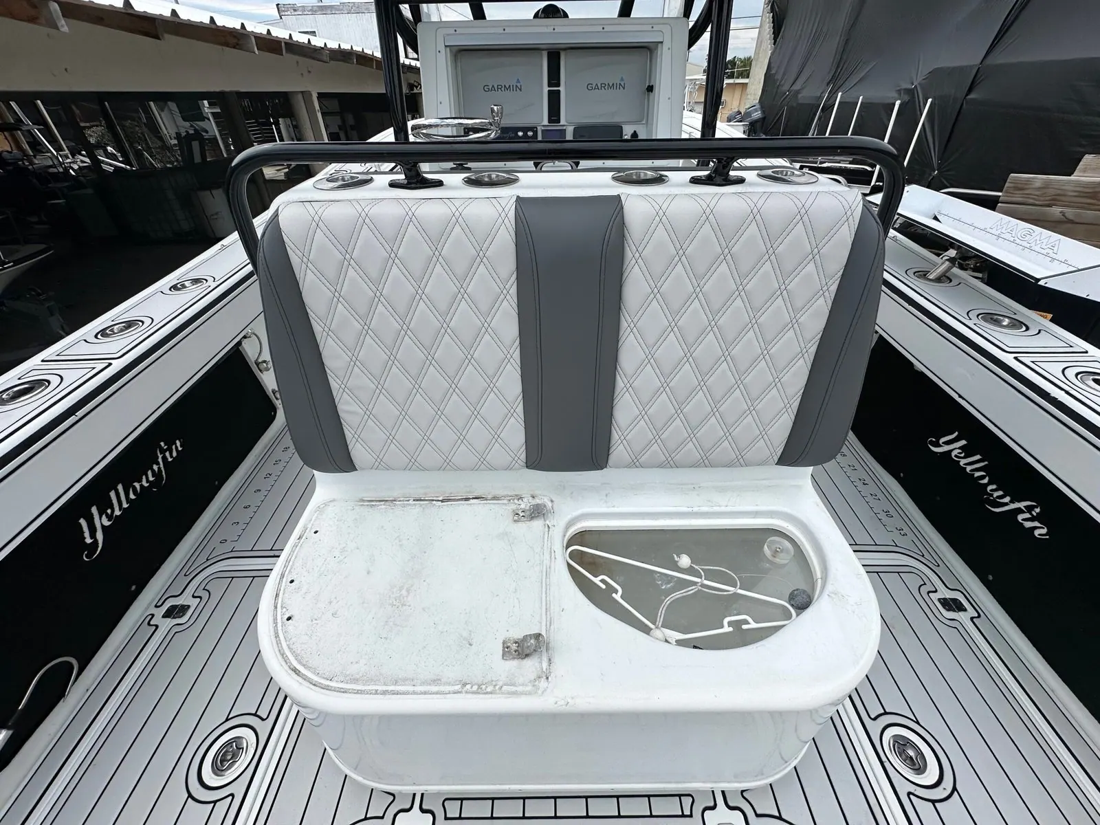 Rear view of the Yellowfin helm seat, cooler and leaning post